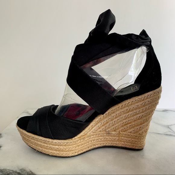 UGG espadrille wedge peekaboo toe sandal with ribbon ankle tie bow black fabric - Picture 4 of 8